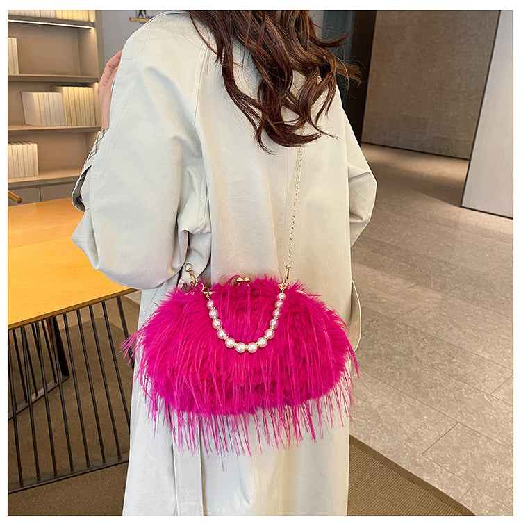 High-grade Versatile Niche Pearl Chain Furry Crossbody Shoulder