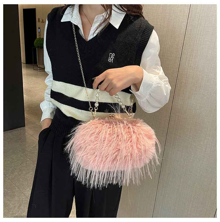 High-grade Versatile Niche Pearl Chain Furry Crossbody Shoulder