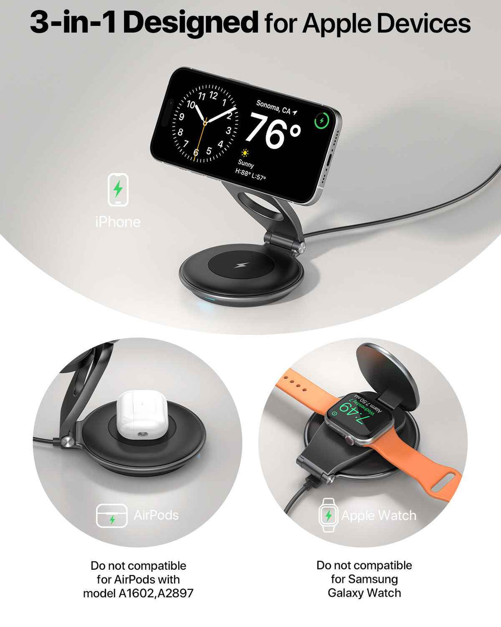 3 In 1 Wireless Travel Magsafe Charger Station For Multiple Devices Magnetic Foldable Charger 30W Charger Included