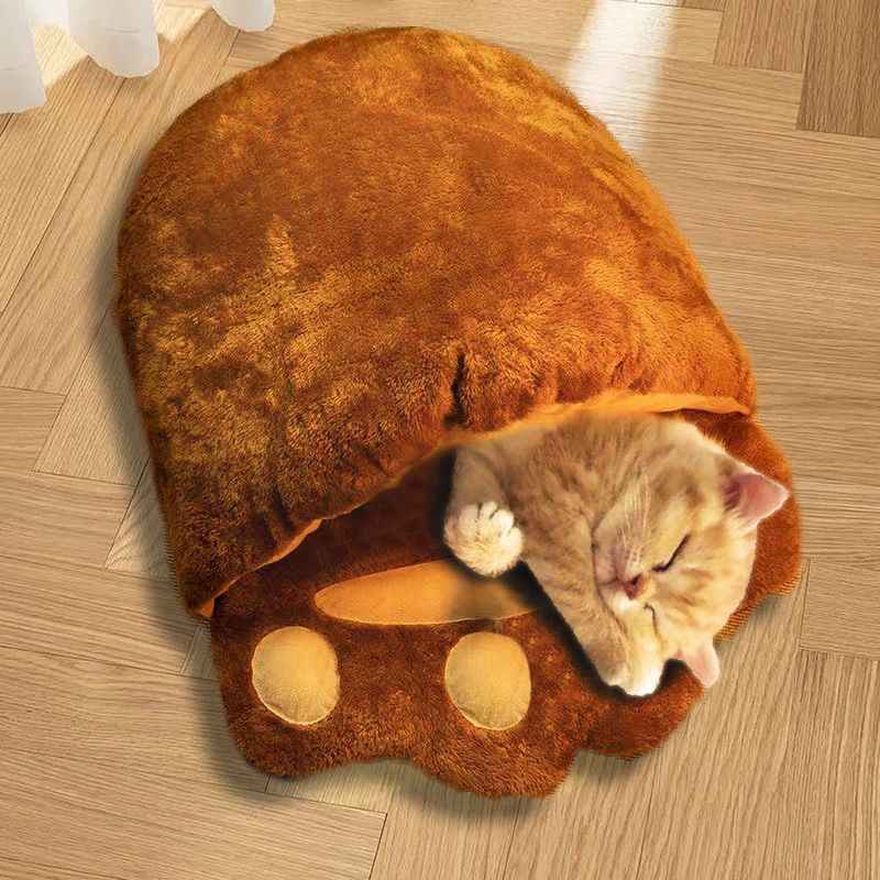Winter Warm Cute Bear Paw Cat Bed Thickened House Semi-closed Cat Nest Large Space Washed Sleeping Bag Dog Pet Bed Pets Products